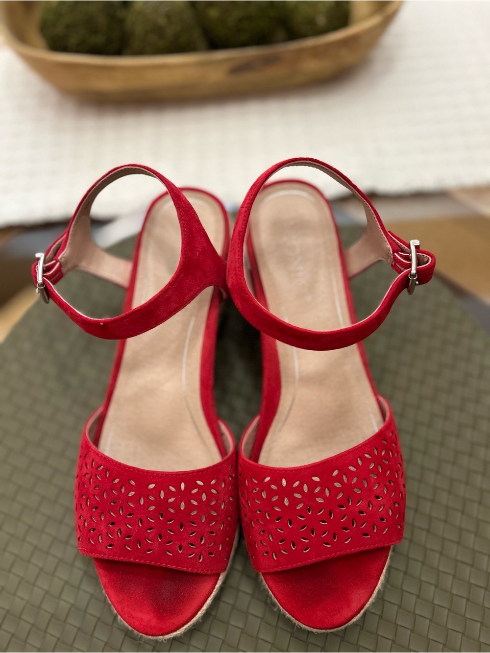 Vionic Red Suede Laser-Cut Wedge Sandals with Ankle Strap - Picture 4 of 5